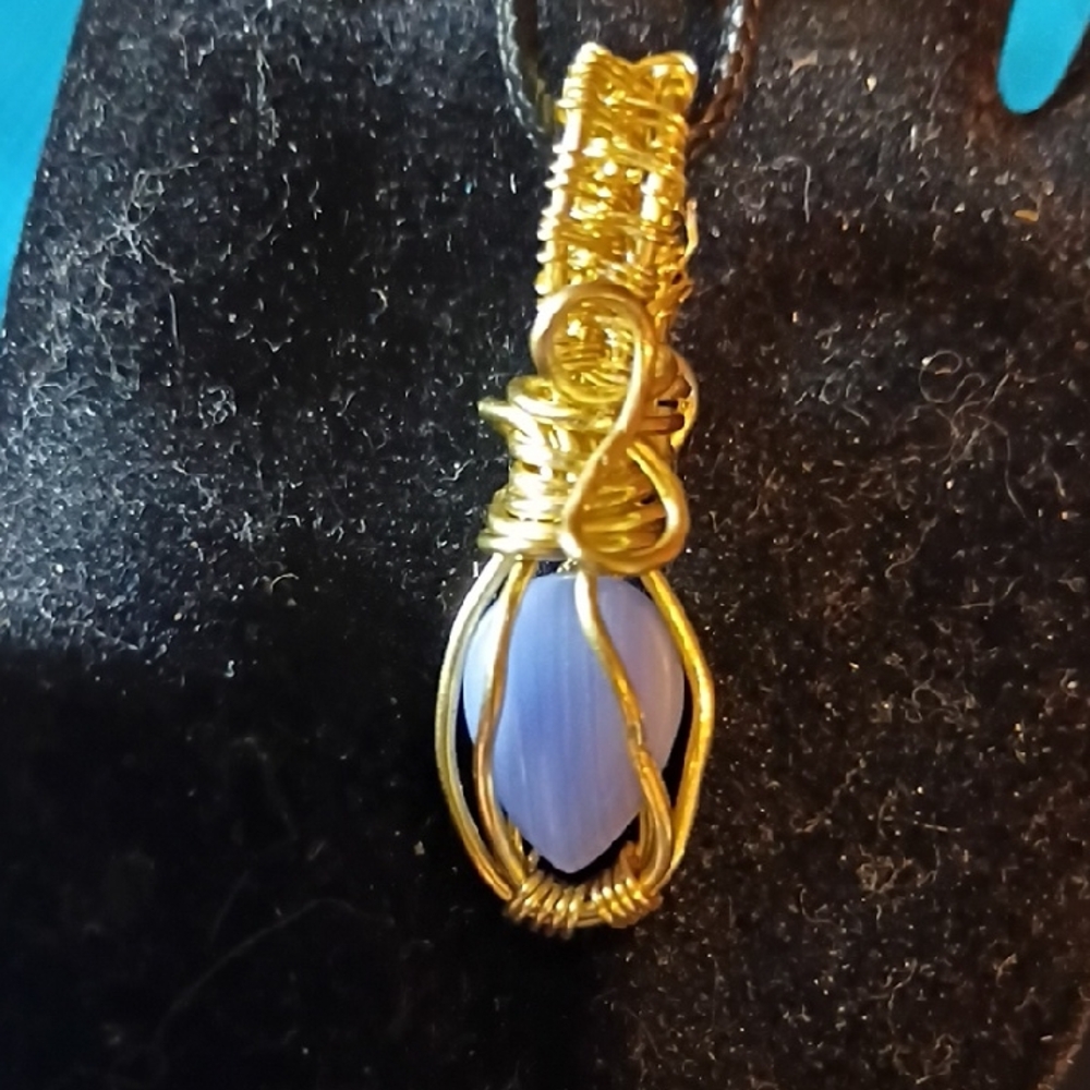 Gold and Blue Wire Wrapped Pendant Necklace